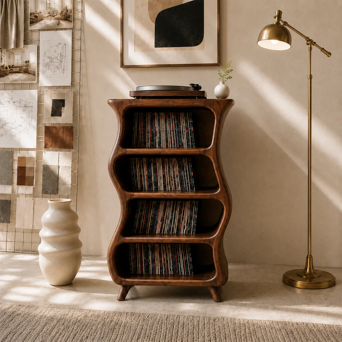 Luxury vinyl record stand with sculpted open shelving for albums and audio components