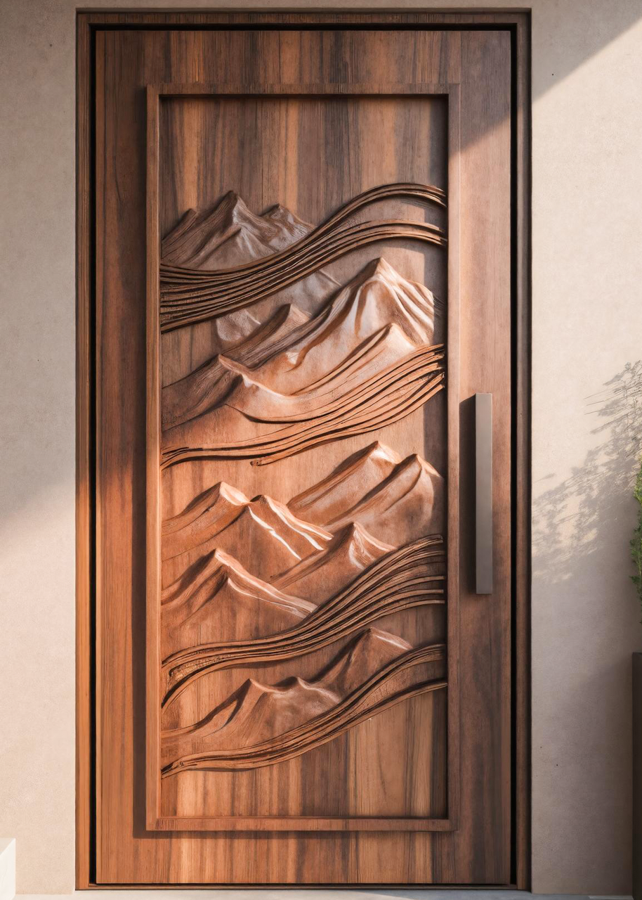 Rustic Carved Front Door With Mountain Design For Cabin Or Lodge