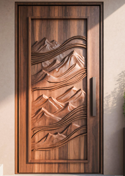 Rustic Carved Front Door With Mountain Design For Cabin Or Lodge