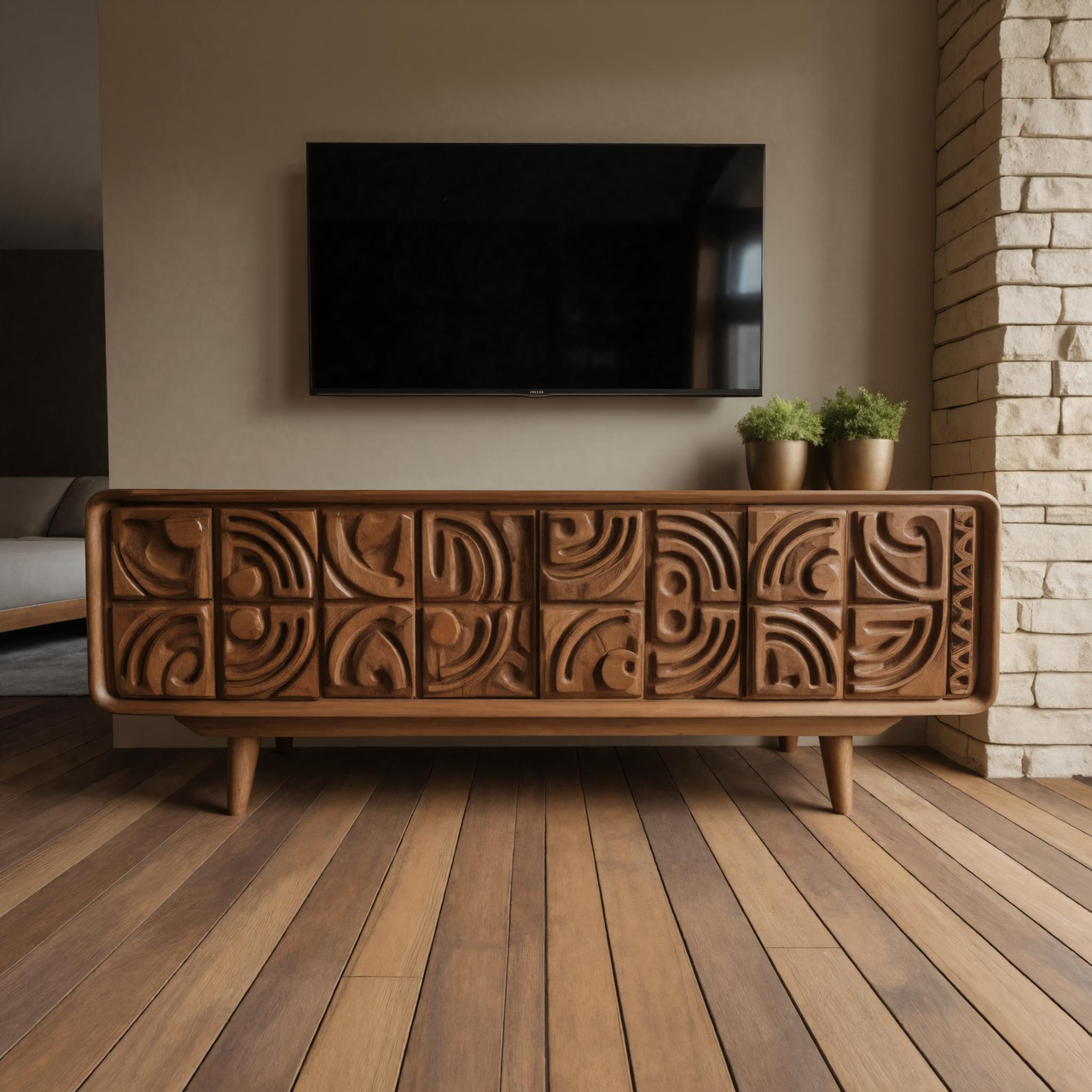 Hand Carved TV Console With Geometric Doors For Living Room