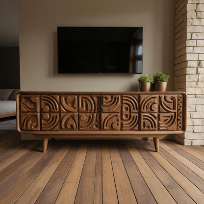 Hand Carved TV Console With Geometric Doors For Living Room