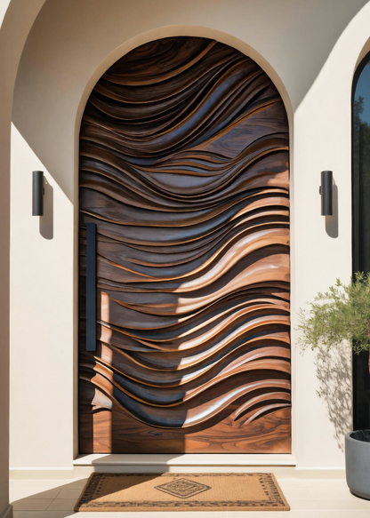 Artistic Arched Front Door With Wavy Sculpted Design For Villa