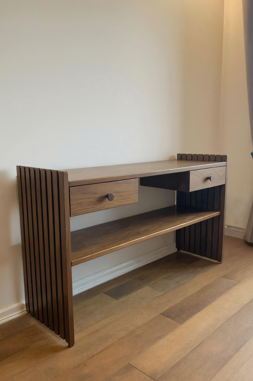 Modern Slatted Desk With Drawers And Shelf For Home Office