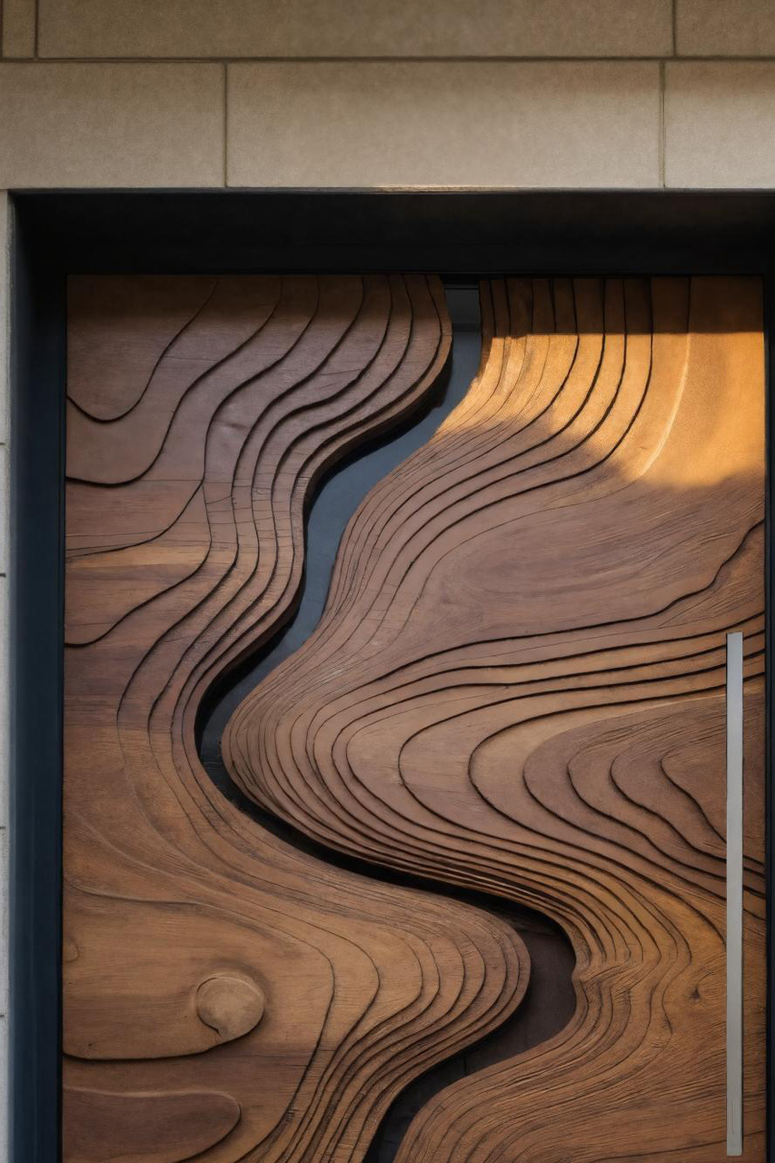 Modern Carved Front Door With Wave Design For Contemporary Home