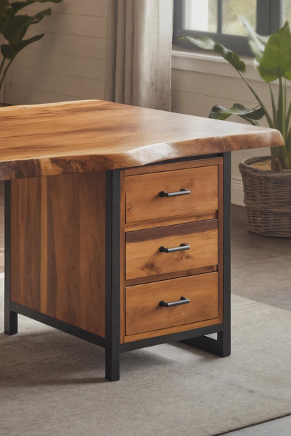 Modern Live Edge Office Desk With Drawer Storage For Workspace