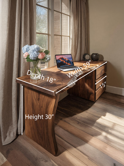 Modern Live Edge Desk With Storage Drawers For Study Room