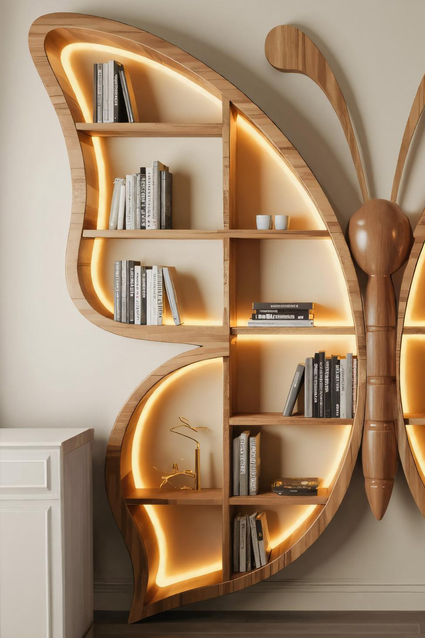 Artistic Butterfly Bookshelf With LED For Living Room Or Bedroom