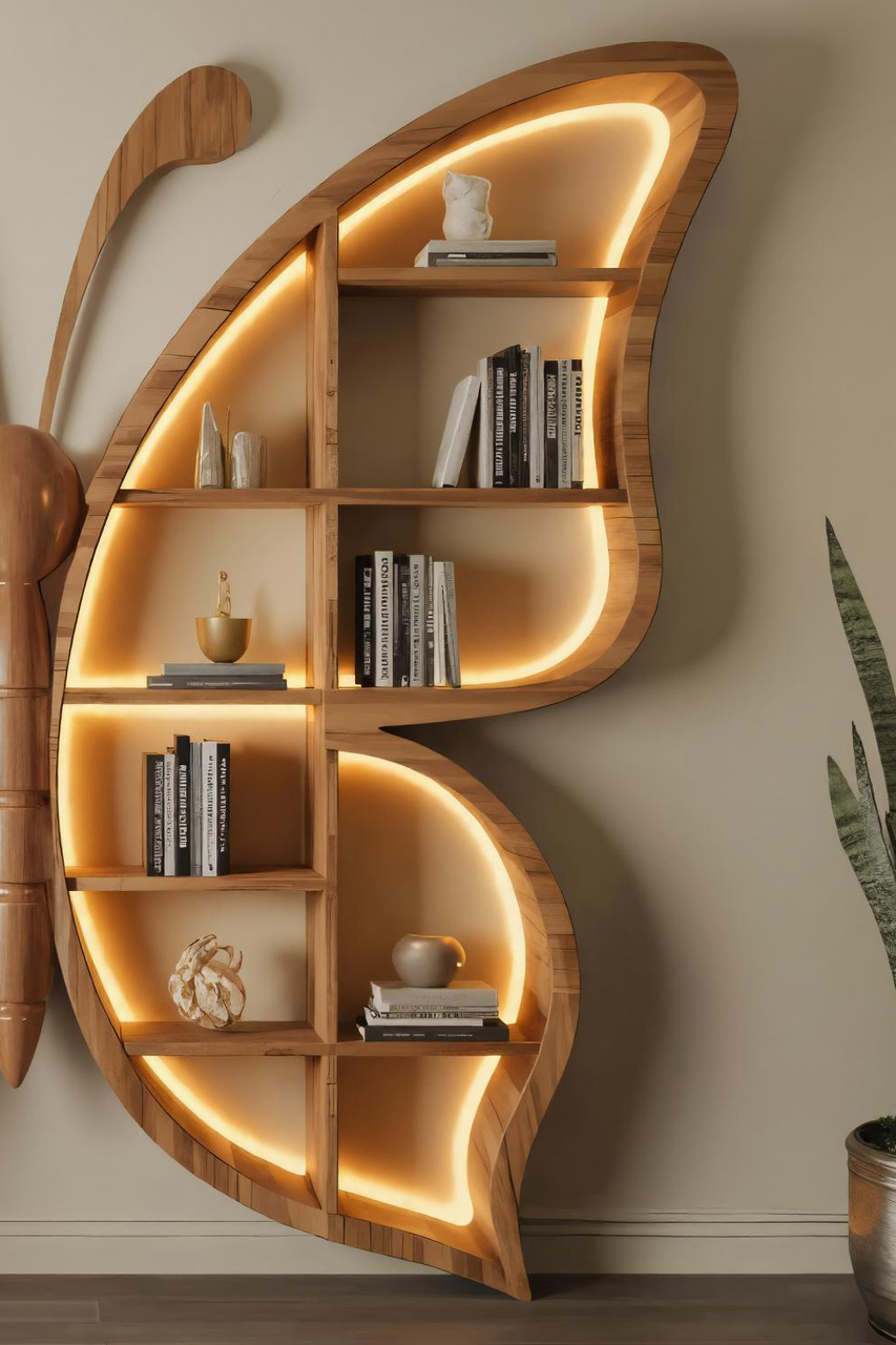 Artistic Butterfly Bookshelf With LED For Living Room Or Bedroom