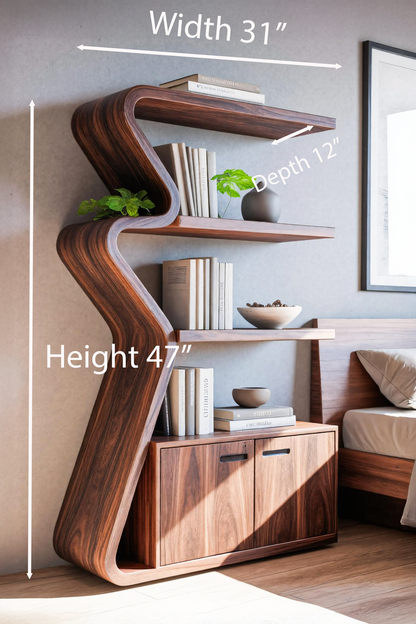 Modern Zigzag Bookshelf With Cabinet For Living Room Or Office