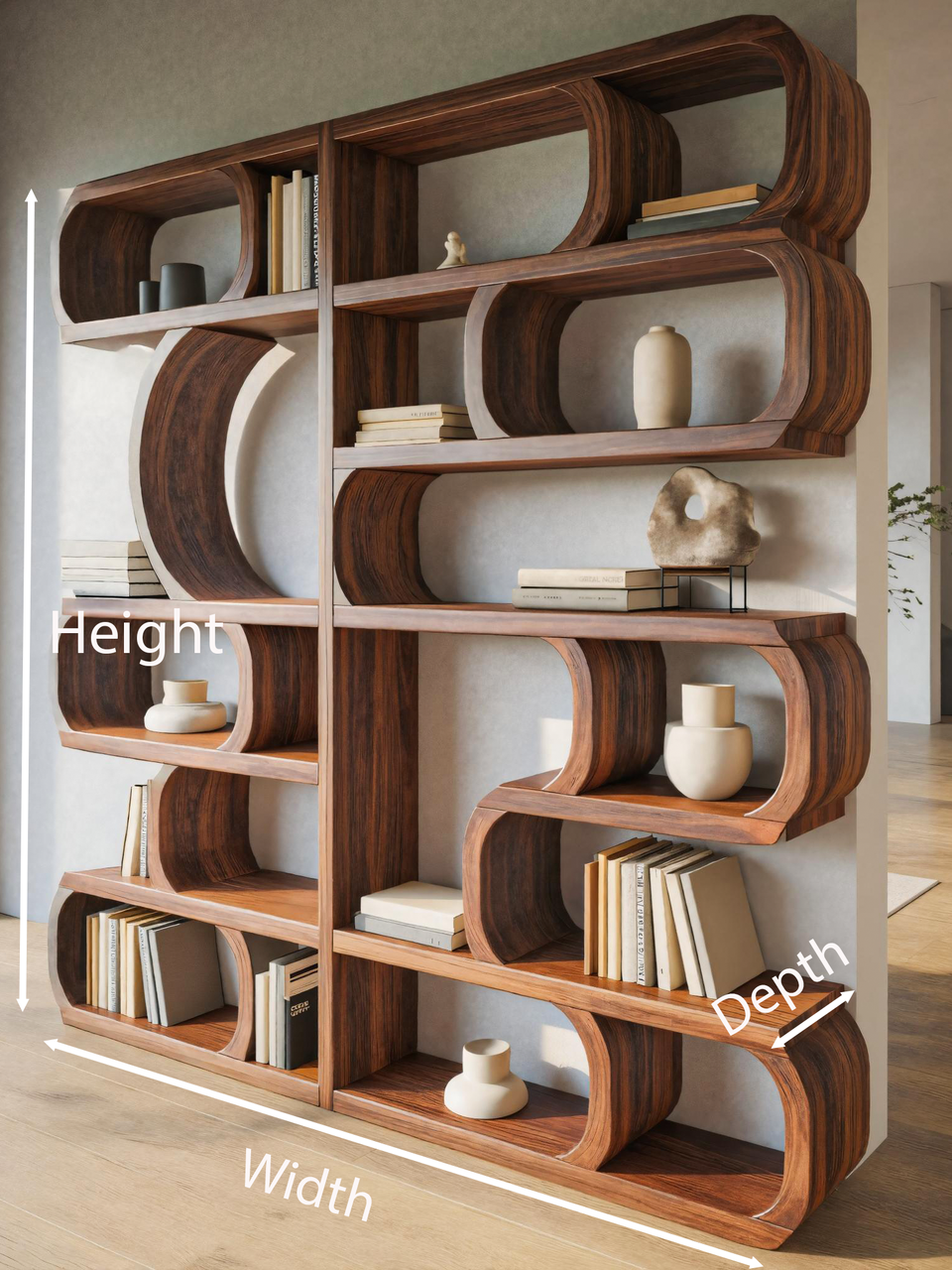 Modern Sculptural Bookshelf With Symmetrical Curves For Living Room Or Office