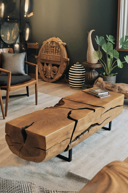 Organic Coffee Table With Charred Cracks For Living Room