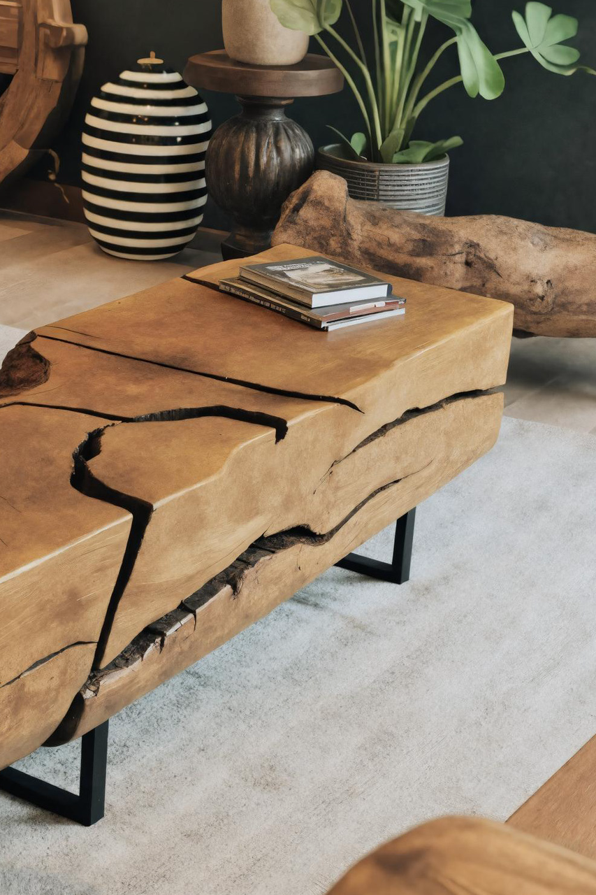 Organic Coffee Table With Charred Cracks For Living Room