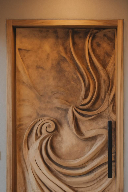 Artistic Carved Door With Flowing Wave For Entryway Or Interior