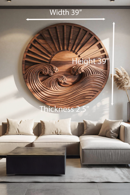 Round Wall Art With Carved Sun And Waves For Bedroom