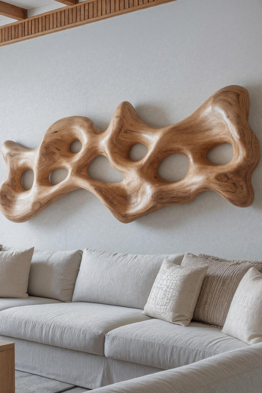 Organic Wall Art Sculpture With Carved Design For Living Room