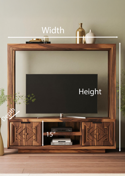 Geometric Carved TV Frame With Storage For Living Room