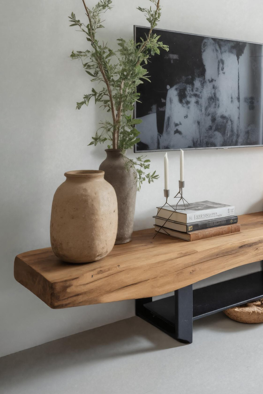 Rustic TV Shelf With Metal Legs For Minimalist Living Room