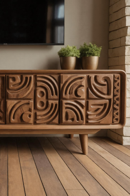 Hand Carved TV Console With Geometric Doors For Living Room