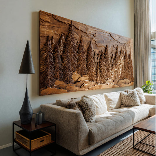 Hand Carved Wall Art With Forest Landscape For Living Room