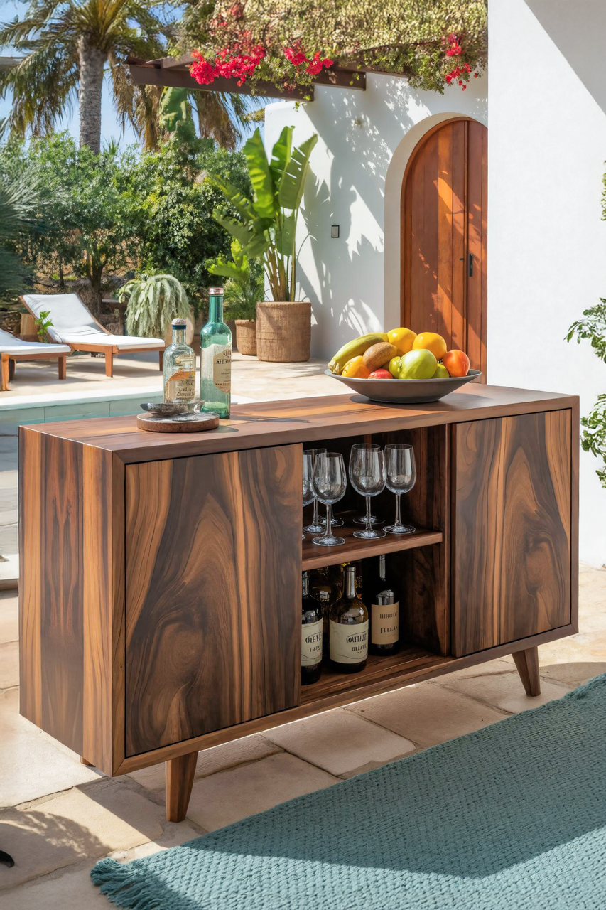 Mid Century Outdoor Bar Cabinet With Wine Storage For Patio