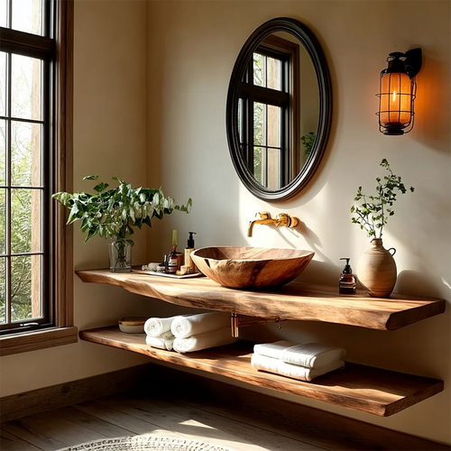 Rustic Live Edge Bathroom Counter with Floating Wood Shelf