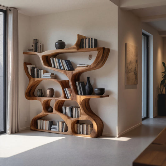 Modern Bookshelf With Organic Carved Design For Living Room Or Office