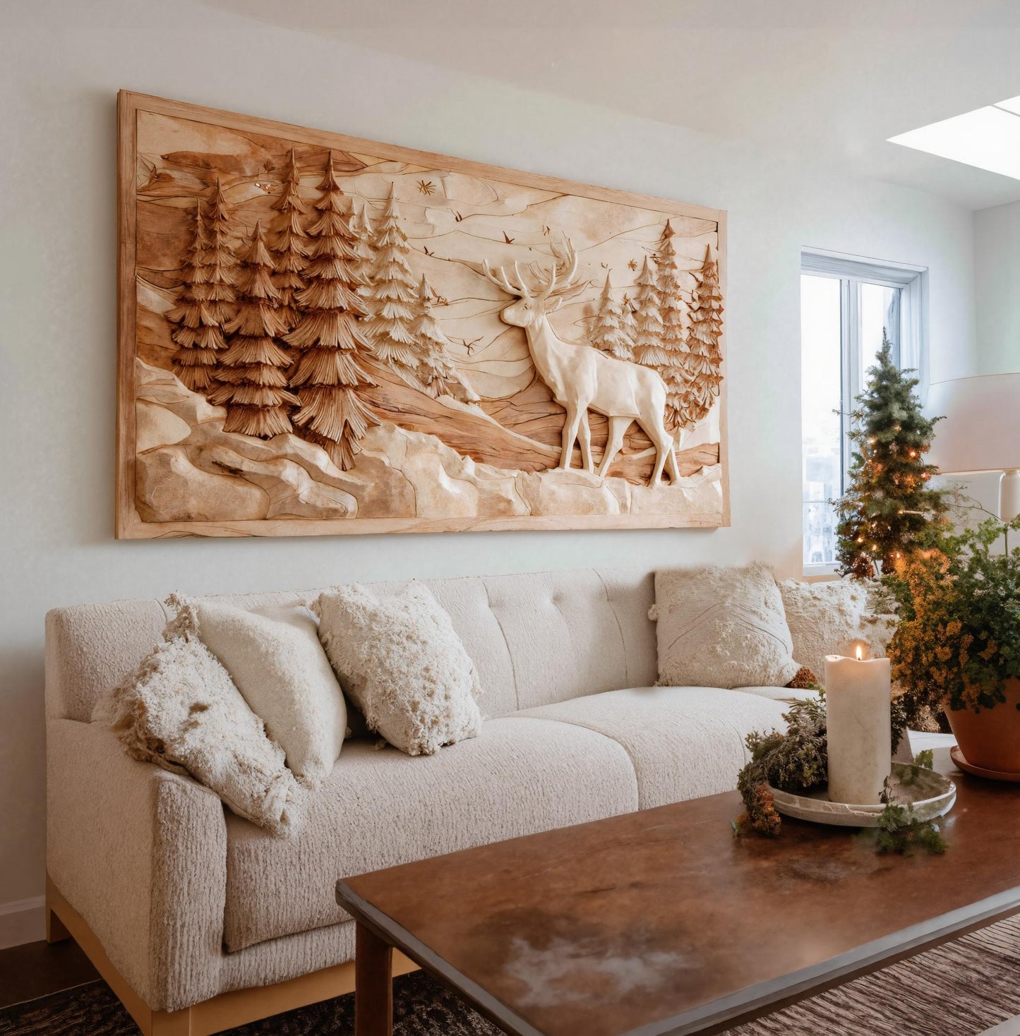 Rustic Wall Art With Carved Deer Scene For Living Room