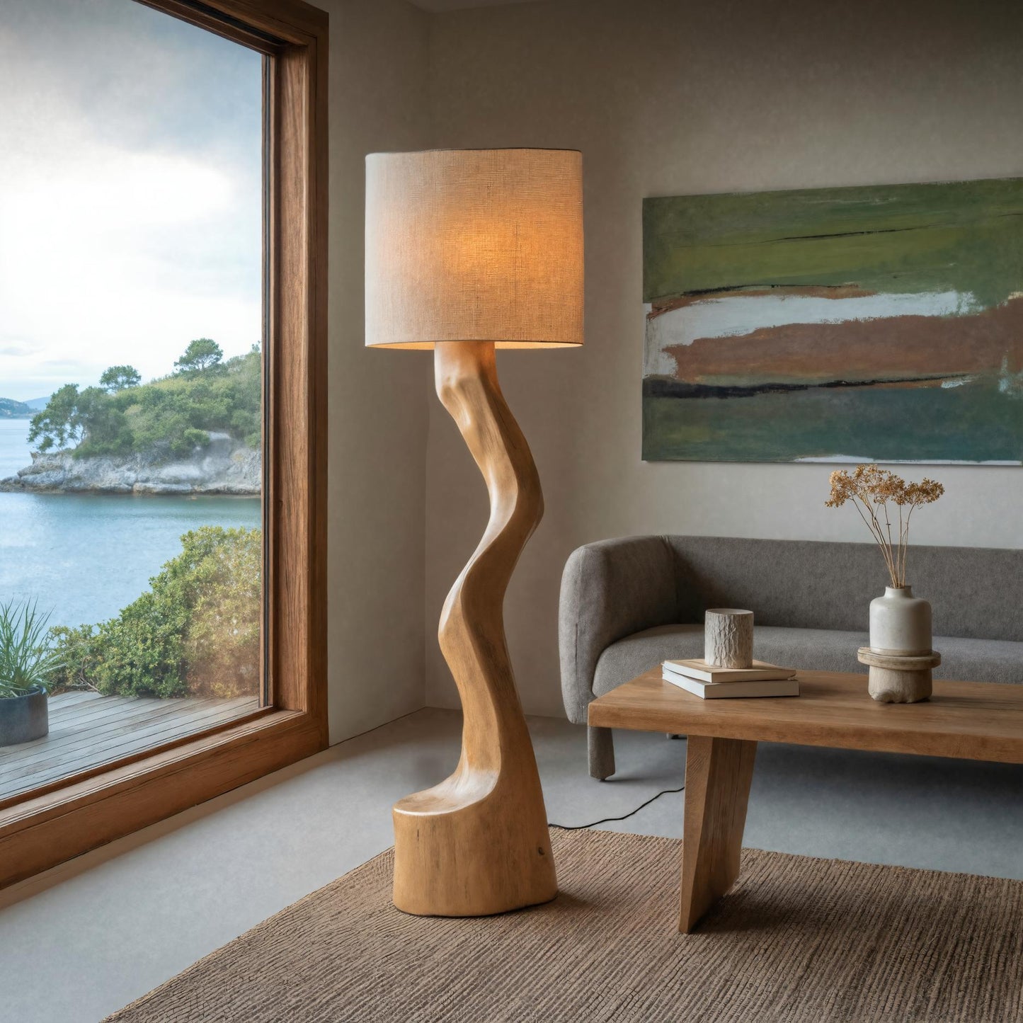 Rustic Sculptural Floor Lamp With Curved Base For Bedroom