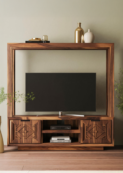 Geometric Carved TV Frame With Storage For Living Room