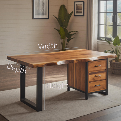 Modern Live Edge Office Desk With Drawer Storage For Workspace
