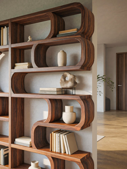 Modern Sculptural Bookshelf With Symmetrical Curves For Living Room Or Office