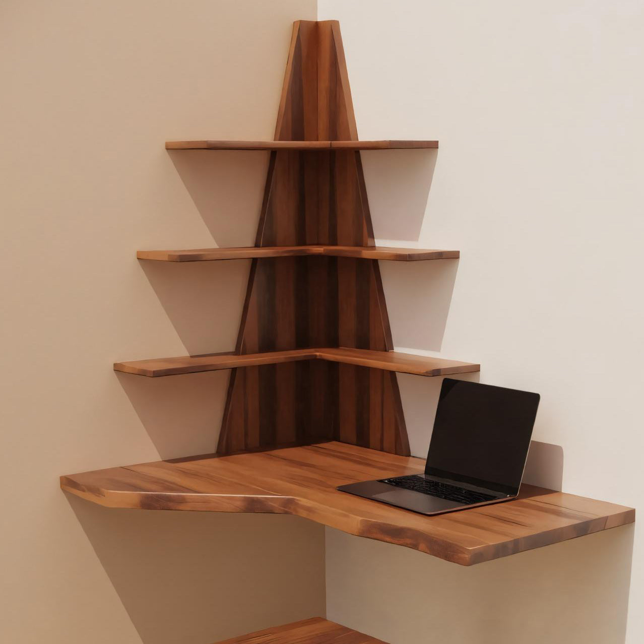 Modern Floating Corner Desk With Tree Shelves For Home Office And Apartment