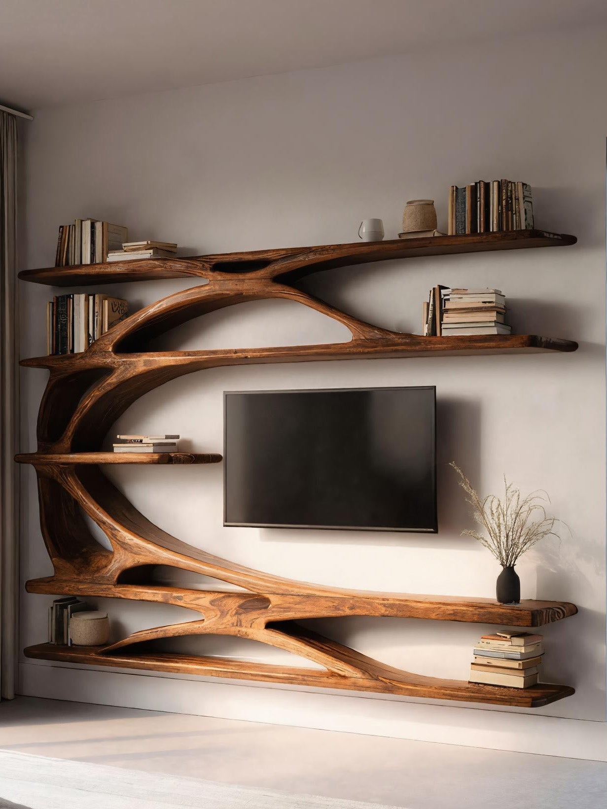 Modern Wall Mounted TV Stand With Bookshelf For Living Room