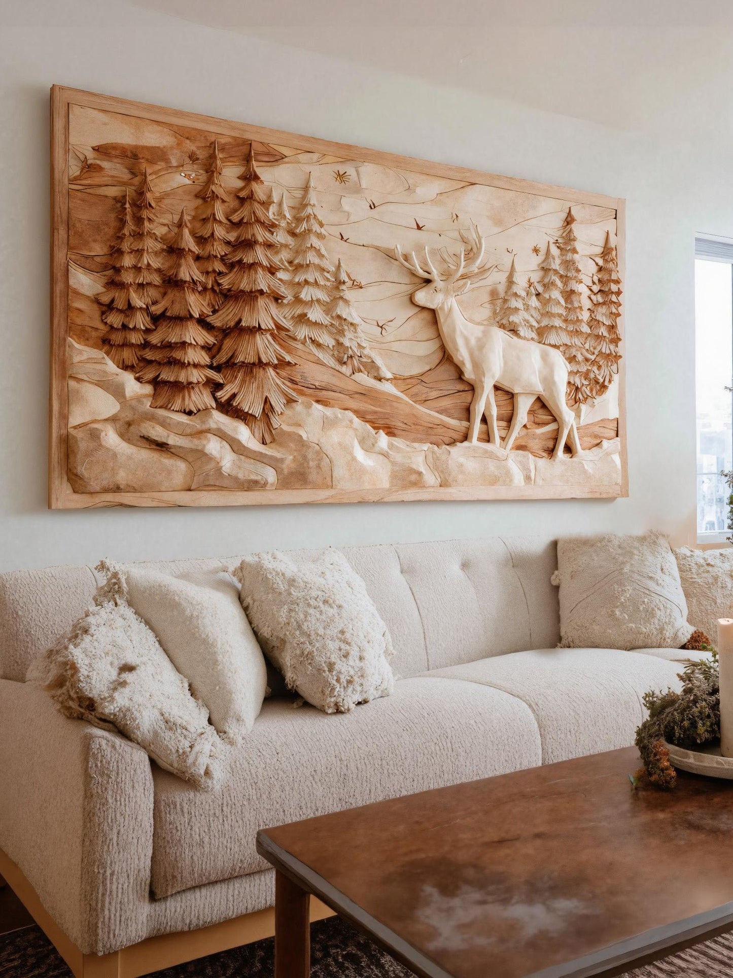 Rustic Wall Art With Carved Deer Scene For Living Room
