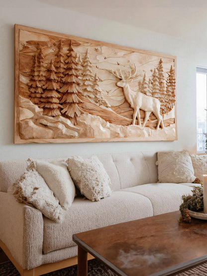 Rustic Wall Art With Carved Deer Scene For Living Room