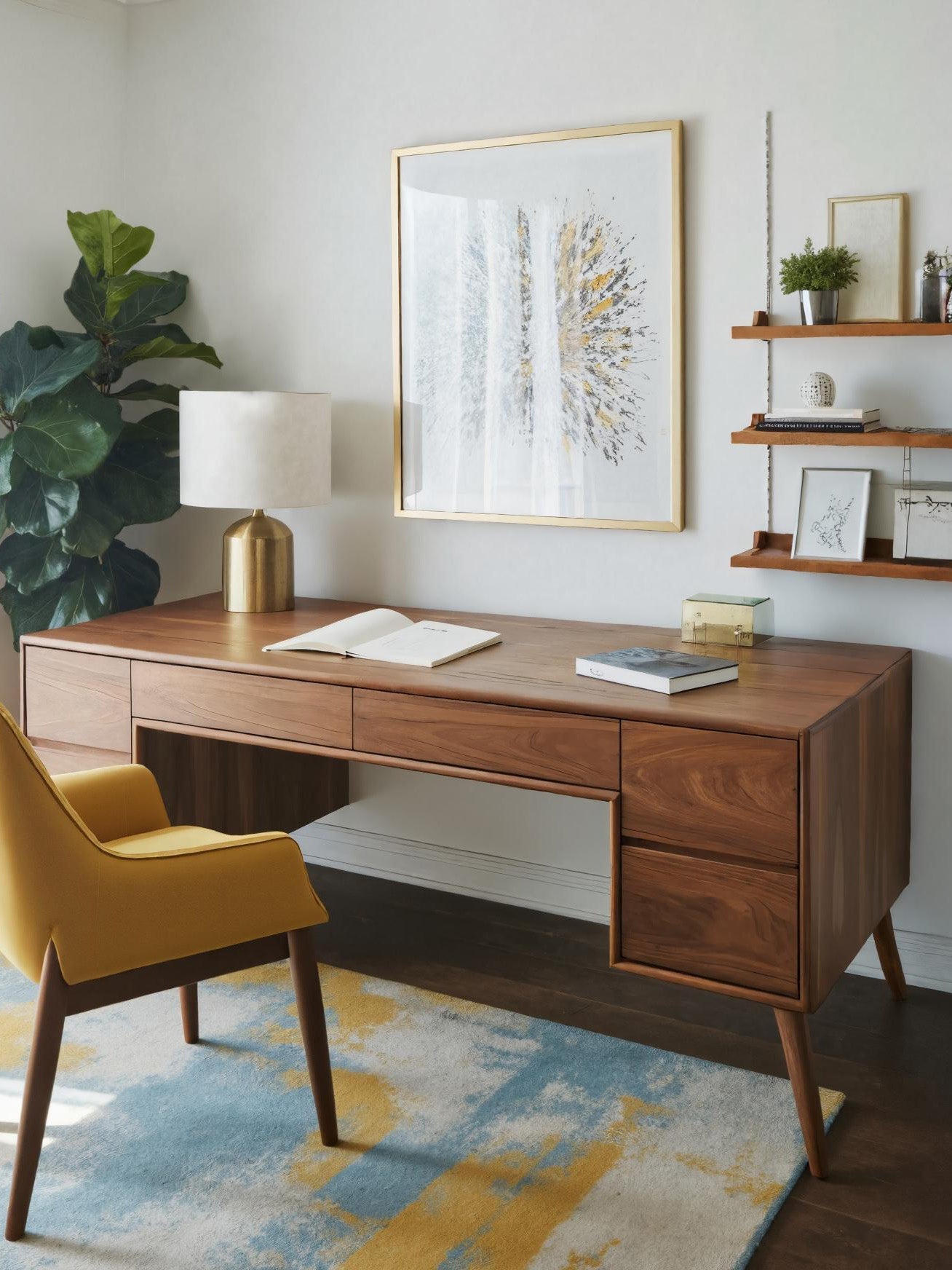 Mid Century Writing Desk With Drawers For Home Office