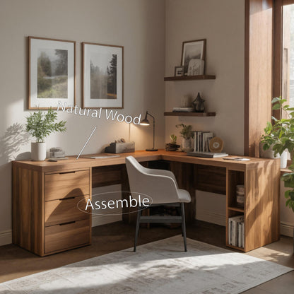 Modern L Shaped Desk With Drawers And Shelves For Study