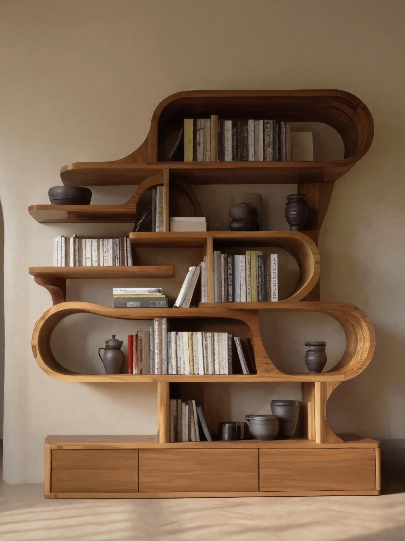 Modern Sculptural Bookshelf With Curved Design For Living Room Or Office