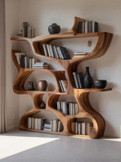 Modern Bookshelf With Organic Carved Design For Living Room Or Office