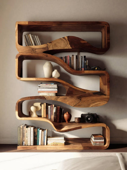 Modern Curved Bookshelf With Flowing Design For Bedroom