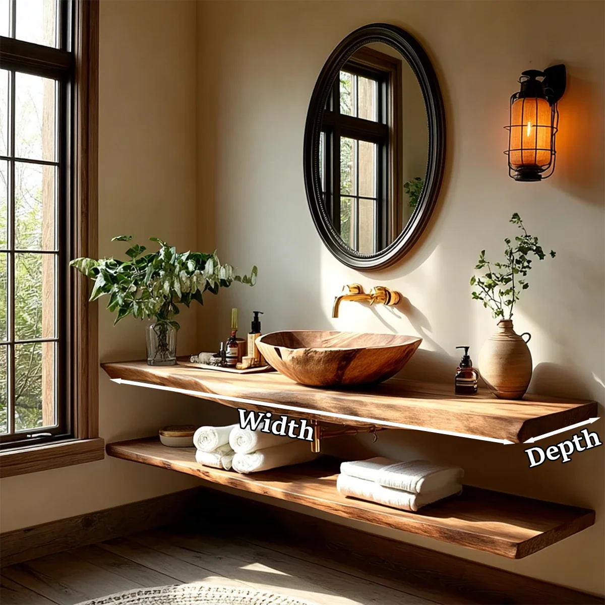 Rustic Live Edge Bathroom Counter with Floating Wood Shelf