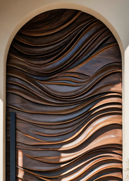 Artistic Arched Front Door With Wavy Sculpted Design For Villa