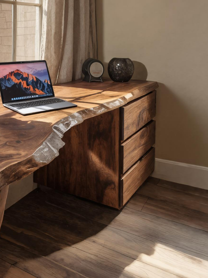 Modern Live Edge Desk With Storage Drawers For Study Room