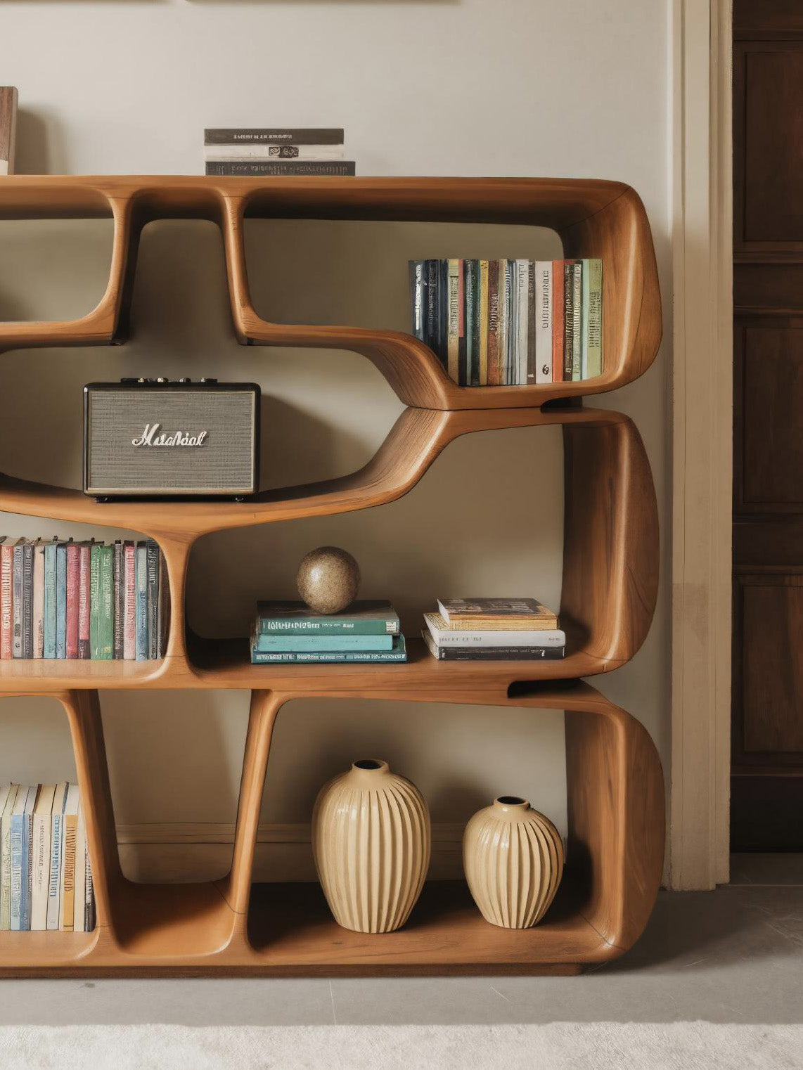 Modern Sculptural Bookshelf With Organic Curves For Living Room