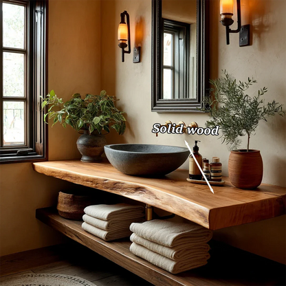 Handcrafted Live Edge Bathroom Vanity Shelf with Floating Wood Design