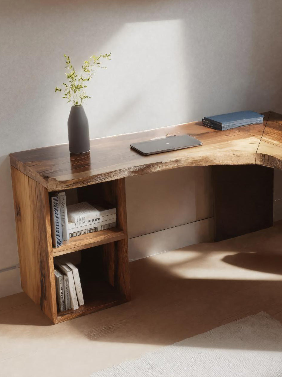 Rustic Live Edge L Shaped Desk With Bookshelf For Workspace