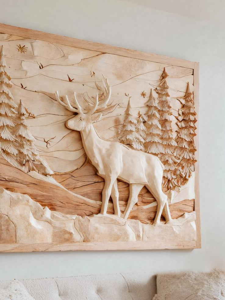 Rustic Wall Art With Carved Deer Scene For Living Room