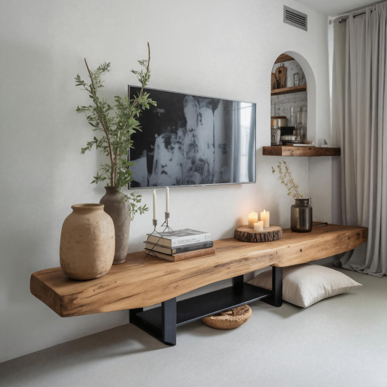 Rustic TV Shelf With Metal Legs For Minimalist Living Room