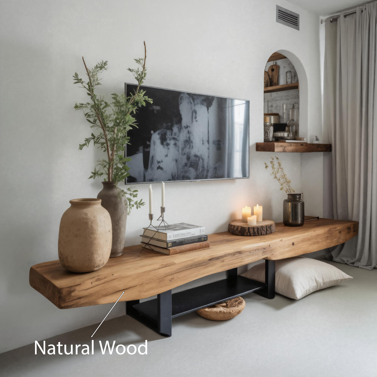 Rustic TV Shelf With Metal Legs For Minimalist Living Room