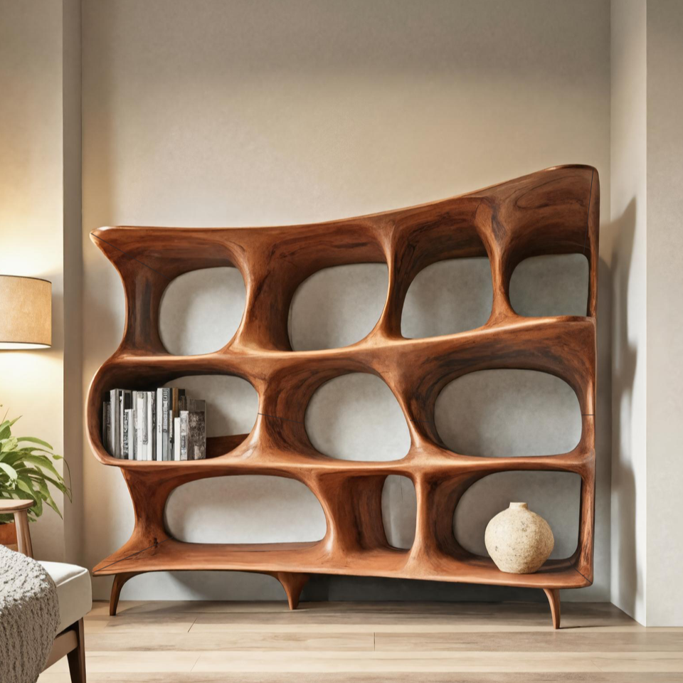 Organic Carved Bookshelf For Living Room Or Office Storage